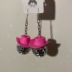 Disco Ball with Pink Cowboy Hat Earrings